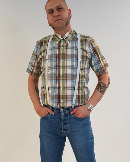 Men's Short Sleeve Check Shirt in Sky/Green/Brown