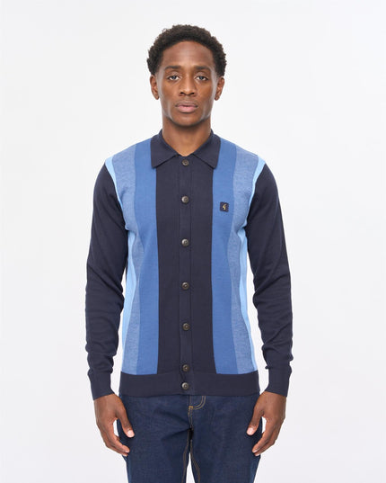 Mens Pedro Long Sleeve Button Thru Knit Polo Gabicci Vintage NAVY