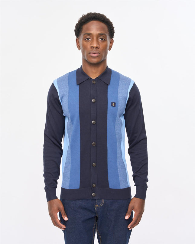 Mens Pedro Long Sleeve Button Thru Knit Polo Gabicci Vintage NAVY