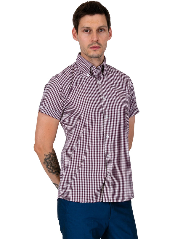 Relco Short Sleeve Checkered Gingham Shirt in Burgundy