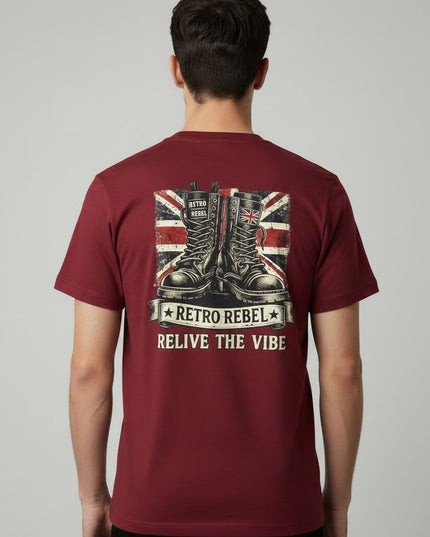 Retro Rebel Boots Back Print Tee in Burgundy