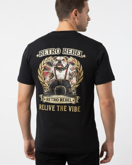 Retro Rebel Bulldog Back Print Tee in Black