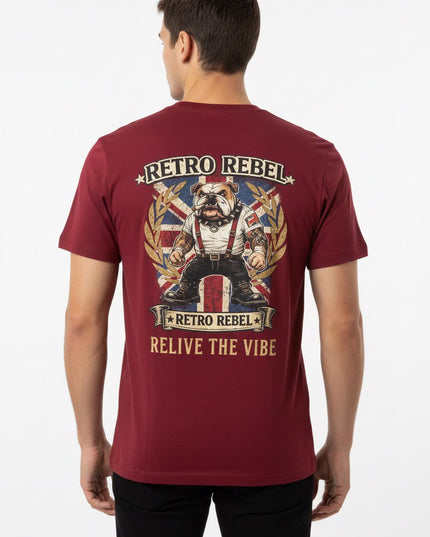 Retro Rebel Bulldog Back Print Tee in Burgundy