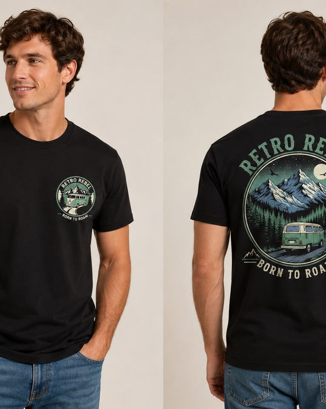 Retro Rebel Campervan in the Mountains Back Print Tee in Black
