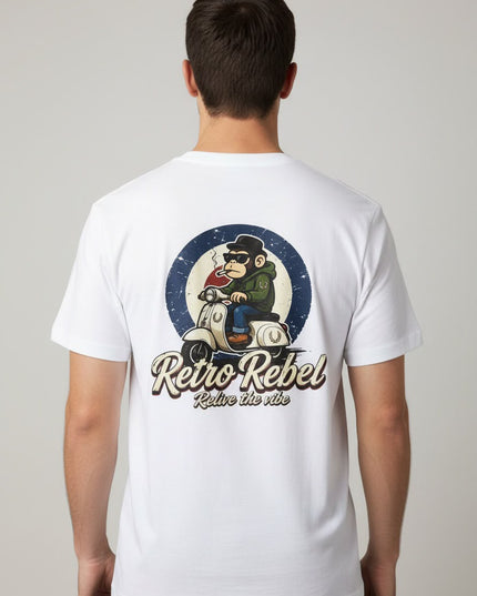 Retro Rebel Monkey Scooter Back Print Tee in White