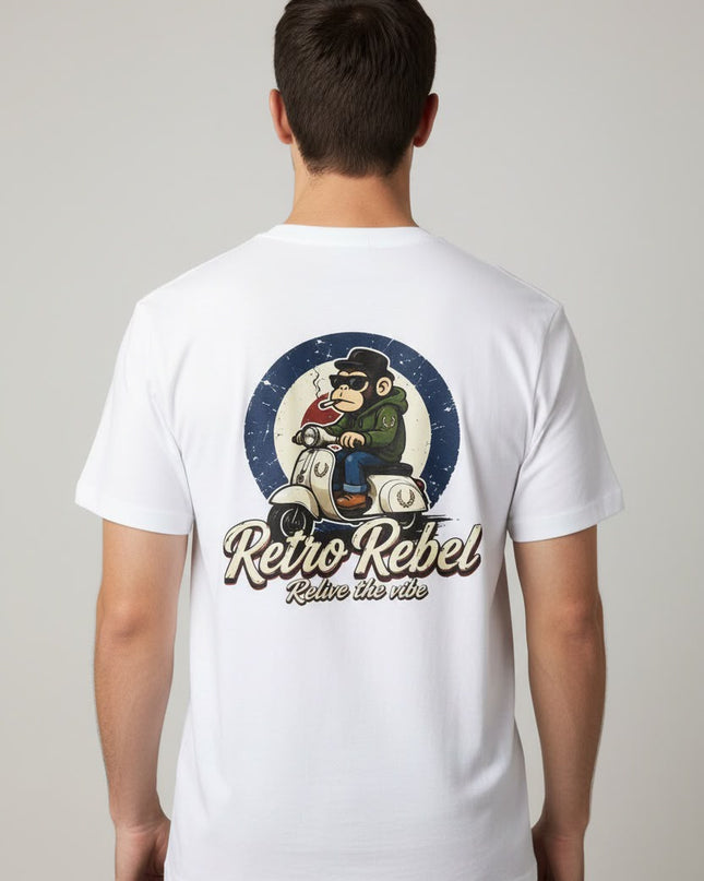Retro Rebel Monkey Scooter Back Print Tee in White