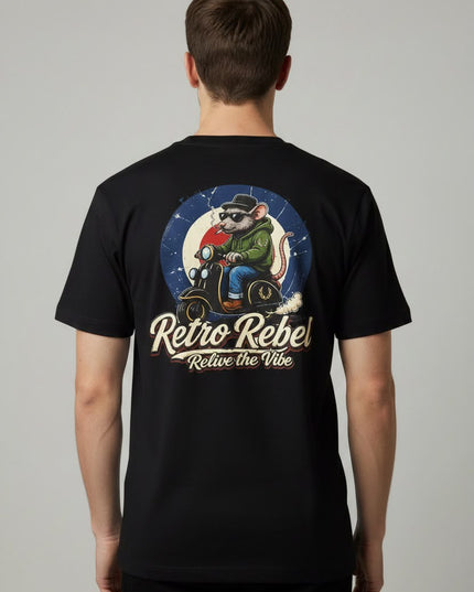 Retro Rebel Rat Back Print Tee in Black