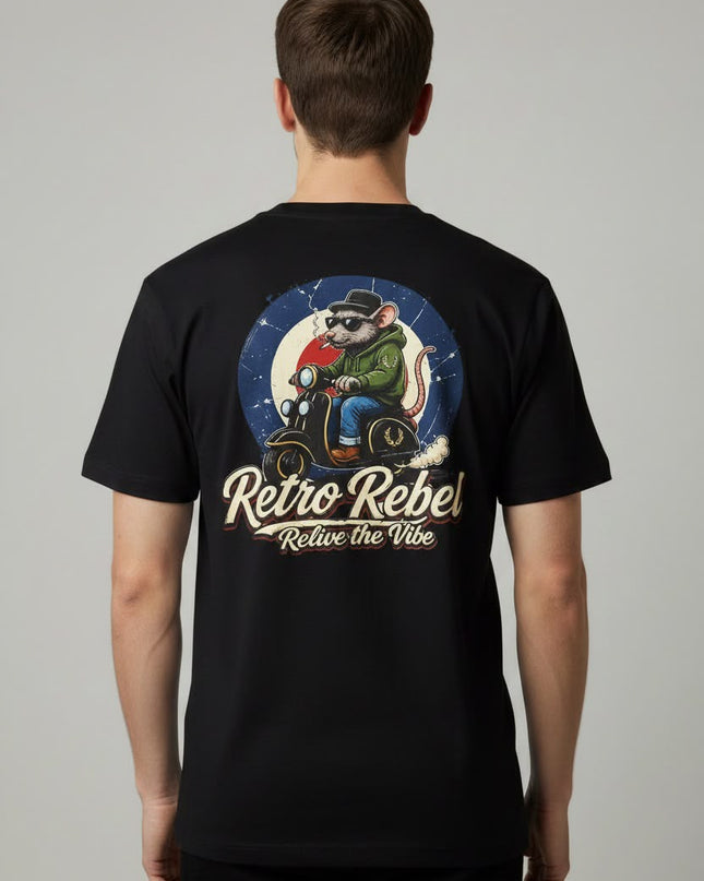 Retro Rebel Rat Back Print Tee in Black