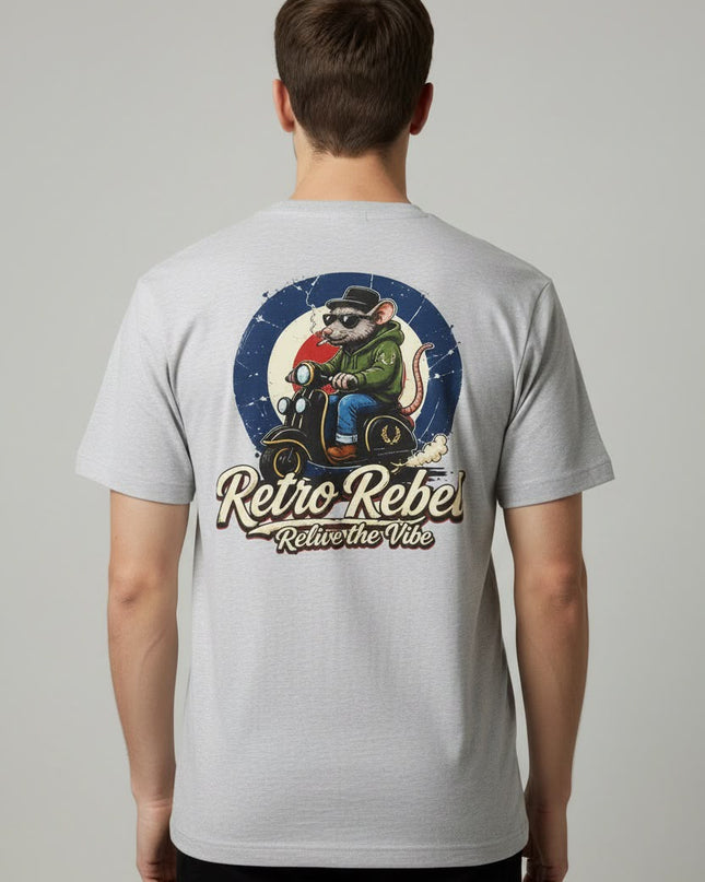 Retro Rebel Rat Scooter Back Print Tee in Grey