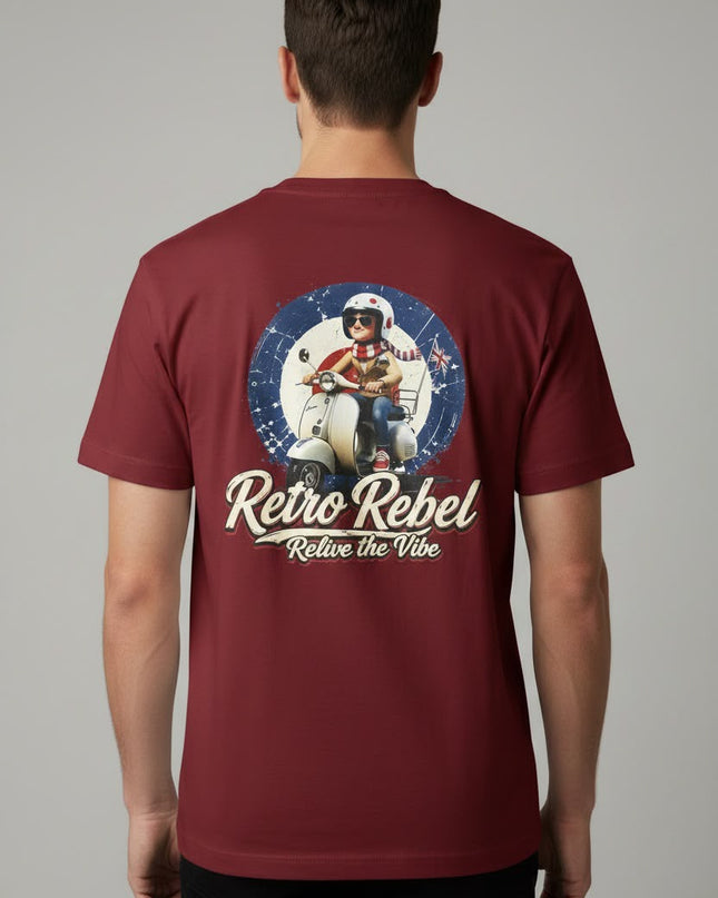 Retro Rebel Scooter Back Print Tee in Burgundy