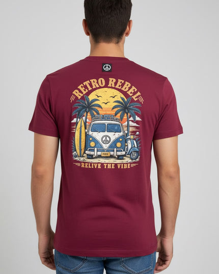 Retro Rebel Sunset Campervan Back Print Tee in Burgundy