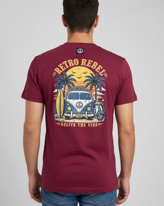 Retro Rebel Sunset Campervan Back Print Tee in Burgundy