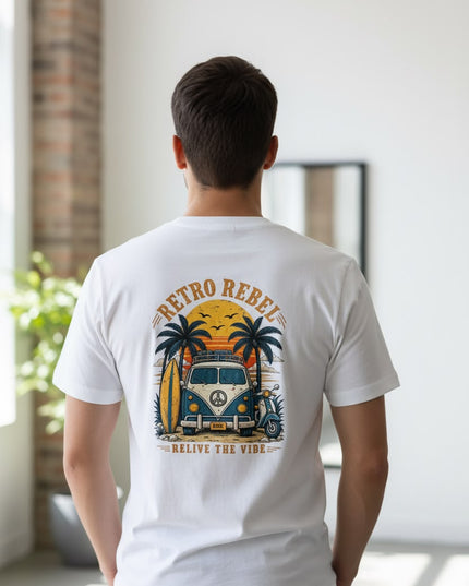 Retro Rebel Sunset Campervan Back Print Tee in White