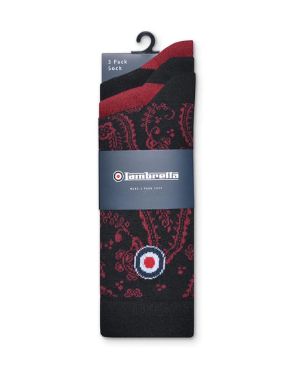 Lambretta 3 Pack Paisley Socks Black/Burgundy