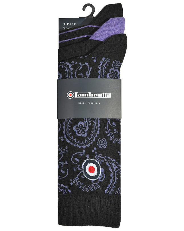Lambretta 3 Pack Paisley Target Socks Black/Wine