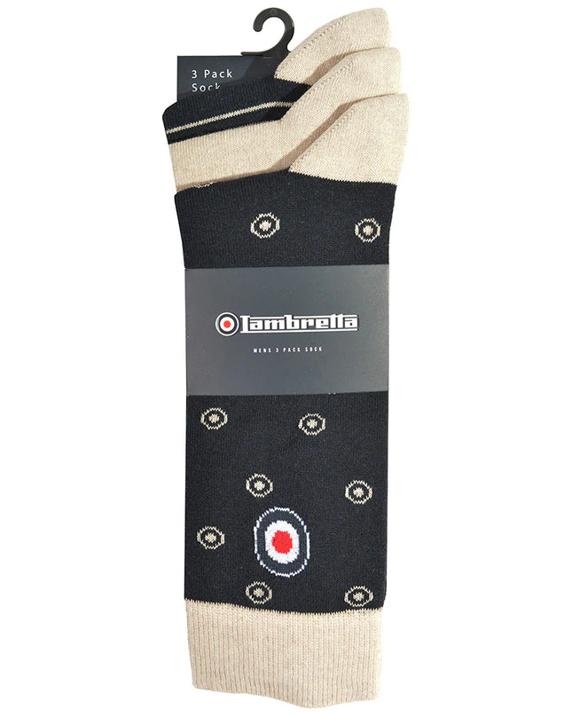 Lambretta 3 Pack Paisley Target Socks Navy/Stone