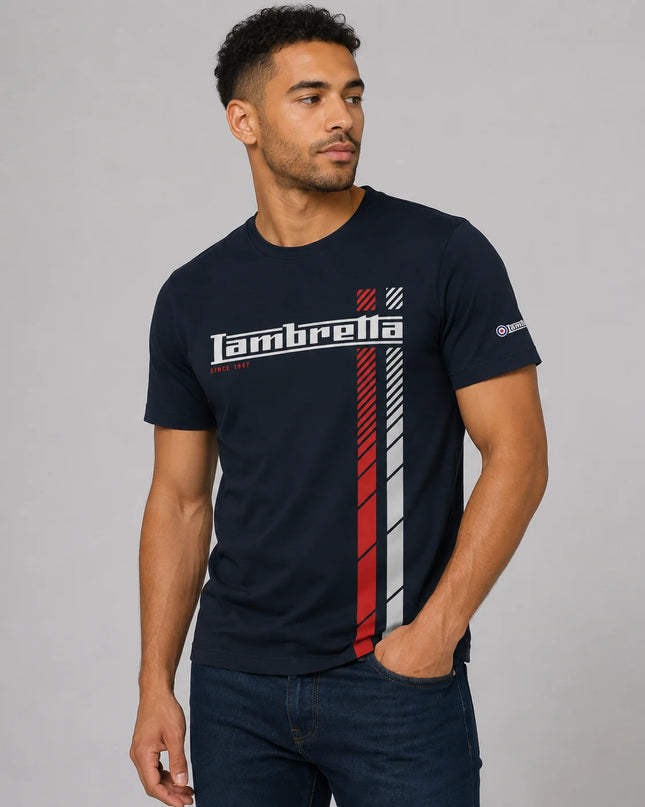 Lambretta Fade Racing Stripe Tee in Navy/White/Red