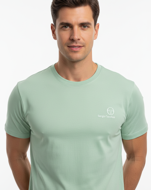 Male model wearing Sergio Tacchini green t-shirt