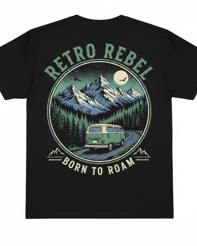Retro Rebel Campervan in the Mountains Back Print Tee in Black
