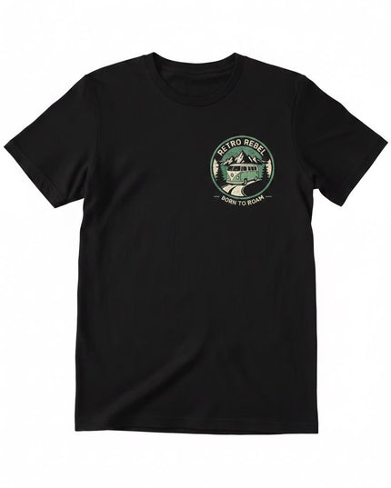Retro Rebel Campervan in the Mountains Back Print Tee in Black