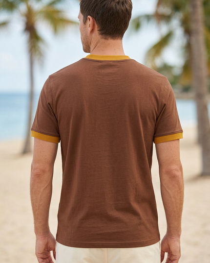 Back view on a white male model with palm trees and a beach backdrop