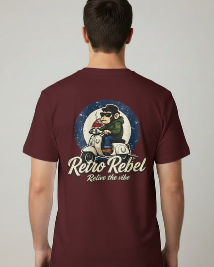 Retro Rebel Monkey Scooter Back Print Tee in Burgundy