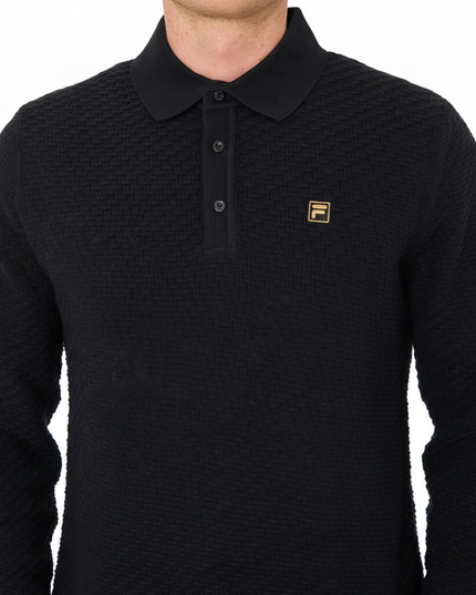 FILA Gold Elia Brick Knit Long Sleeve Polo in Black
