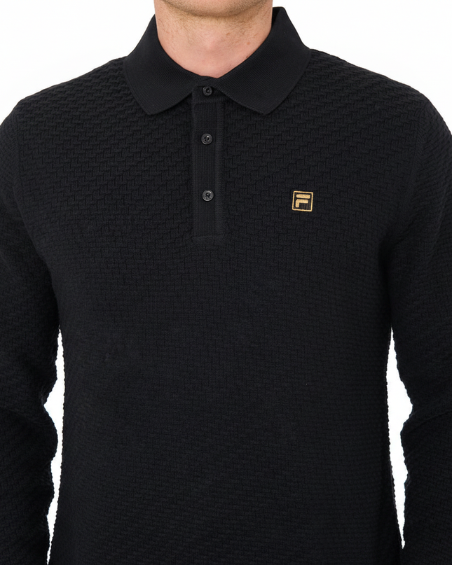 FILA Gold Elia Brick Knit Long Sleeve Polo in Black