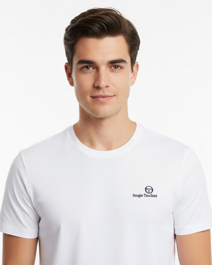 Close-up male model wearing Sergio Tacchini white tee