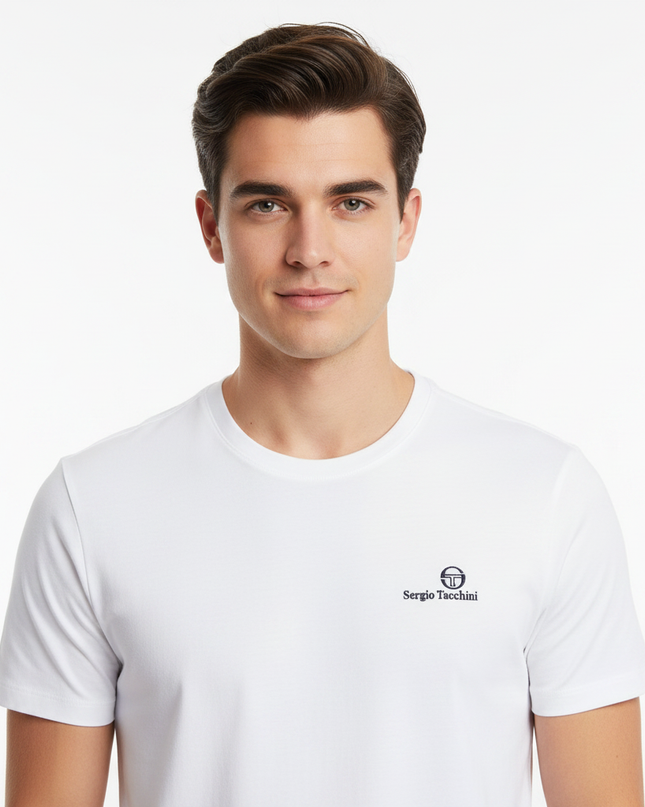 Close-up male model wearing Sergio Tacchini white tee