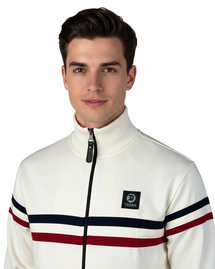 Close-up male model wearing Trojan cream retro stripe track jacket