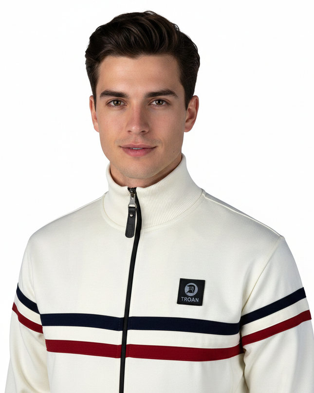 Close-up male model wearing Trojan cream retro stripe track jacket