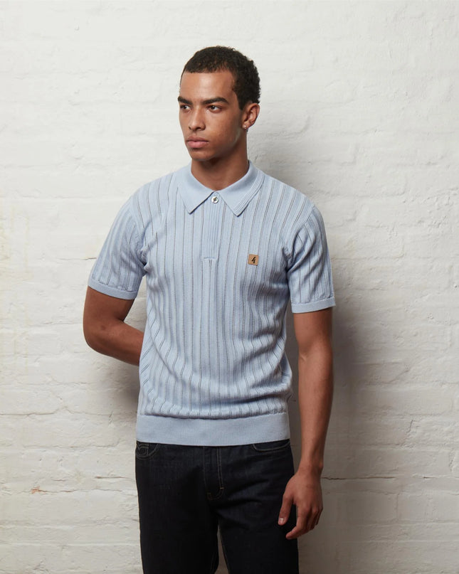 Gabicci Vintage Woodall Pointelle SS Knit Polo Sky Blue