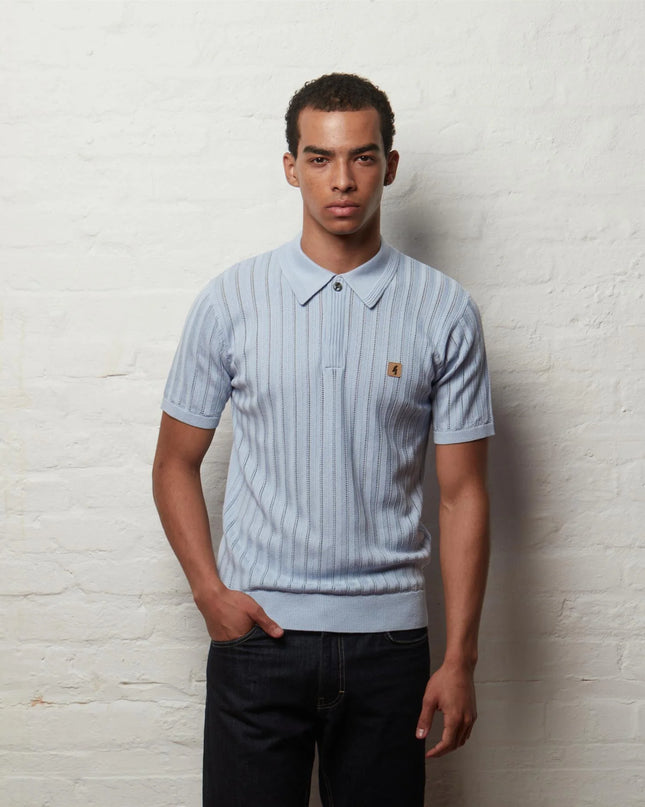 Gabicci Vintage Woodall Pointelle SS Knit Polo Sky Blue