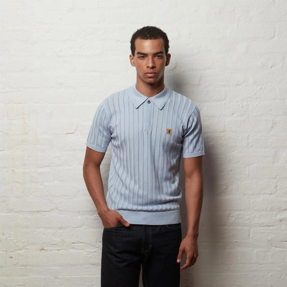 Gabicci Vintage Woodall Pointelle SS Knit Polo Sky Blue