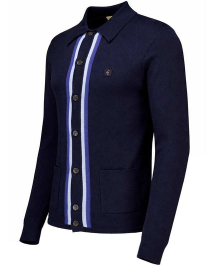 Gabicci Vintage Remmy Retro Stripe Knit Polo Cardigan in Navy 