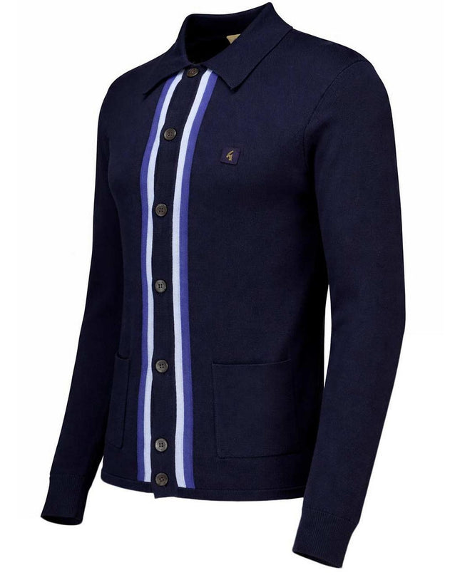 Gabicci Vintage Remmy Retro Stripe Knit Polo Cardigan in Navy 