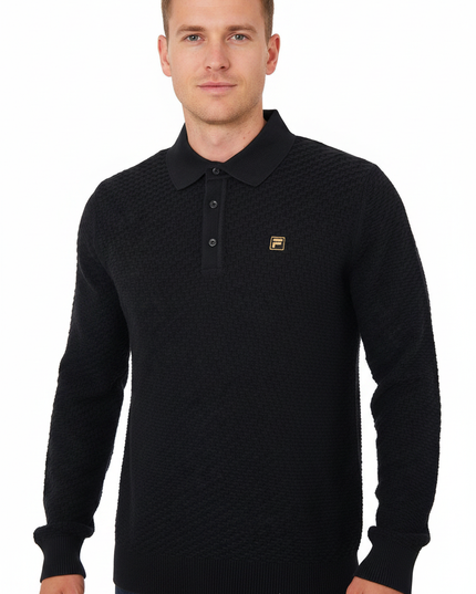 FILA Gold Elia Brick Knit Long Sleeve Polo in Black