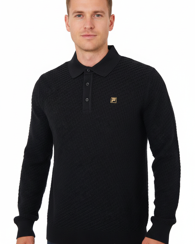 FILA Gold Elia Brick Knit Long Sleeve Polo in Black