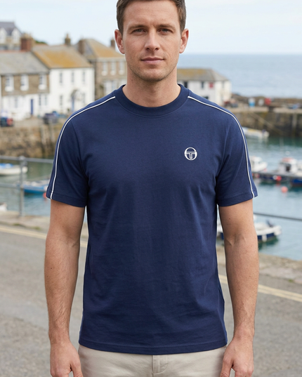 Front view on a white male model in a UK coastal town