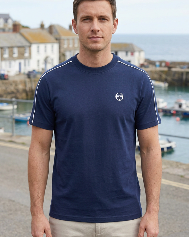 Front view on a white male model in a UK coastal town