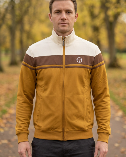 Front view on a white male model in an autumn park