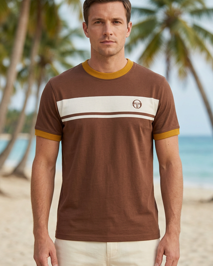 Front view on a white male model with palm trees and a beach backdrop