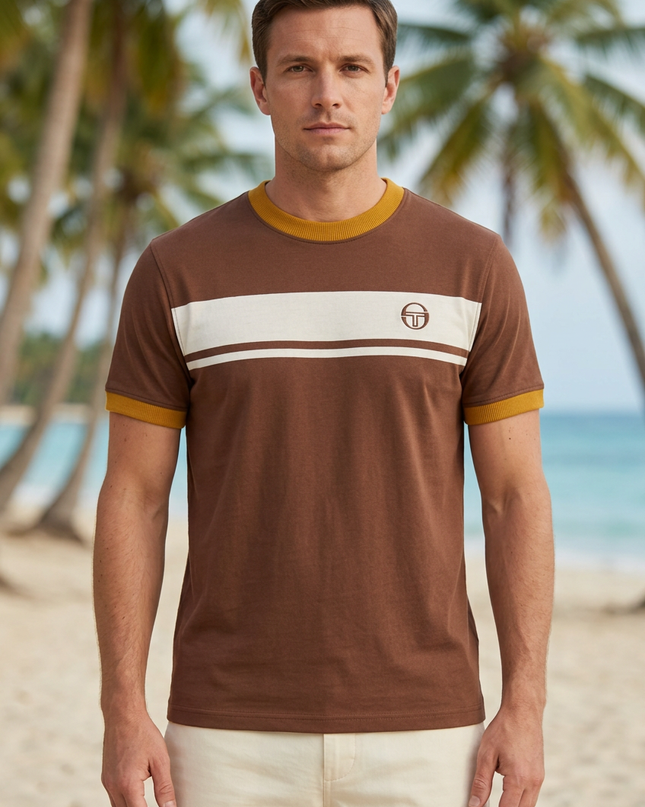 Front view on a white male model with palm trees and a beach backdrop