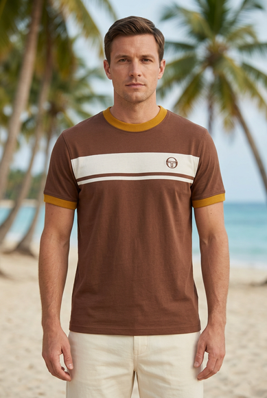 Front view on a white male model with palm trees and a beach backdrop