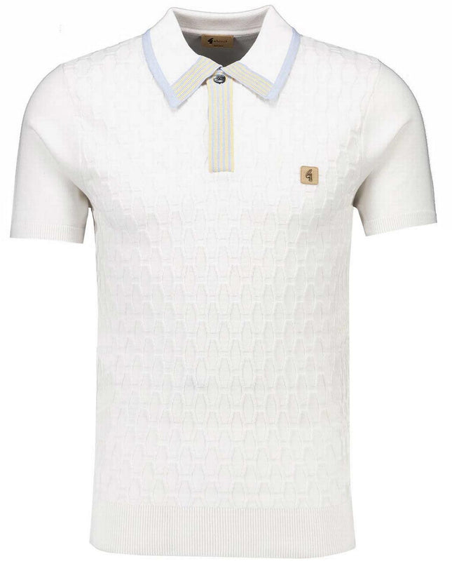 Gabicci Vintage Bourne Men's Mod Textured Knit Polo Top in White