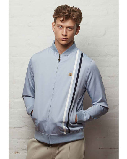 Gabicci Vintage Griffin Racing Stripe Bomber Jacket in Surf Blue