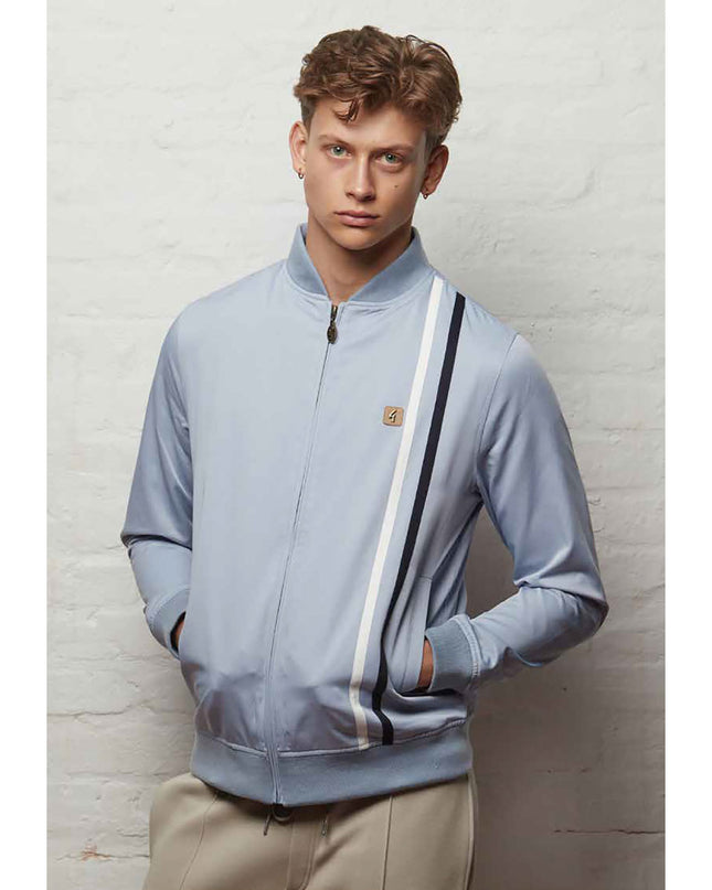 Gabicci Vintage Griffin Racing Stripe Bomber Jacket in Surf Blue