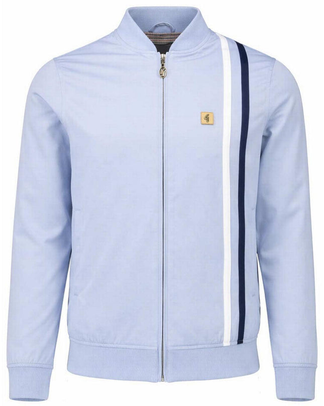 Gabicci Vintage Griffin Racing Stripe Bomber Jacket in Surf Blue