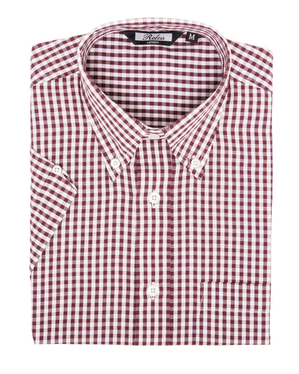 Relco Men's Burgundy & White Checked Gingham Short Sleeve Shirt 